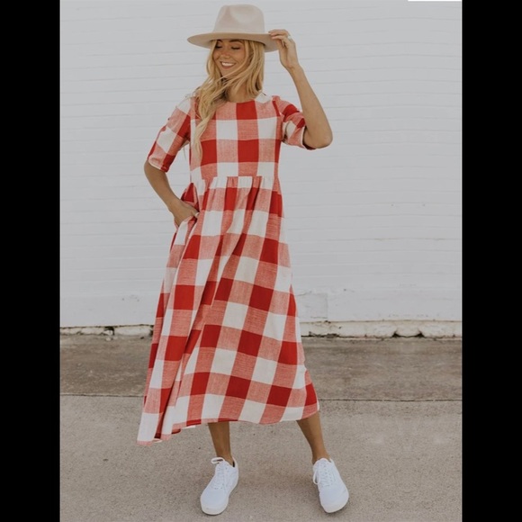 Roolee red buffalo plaid gingham Maddie mom midi maxi dress - Picture 4 of 15